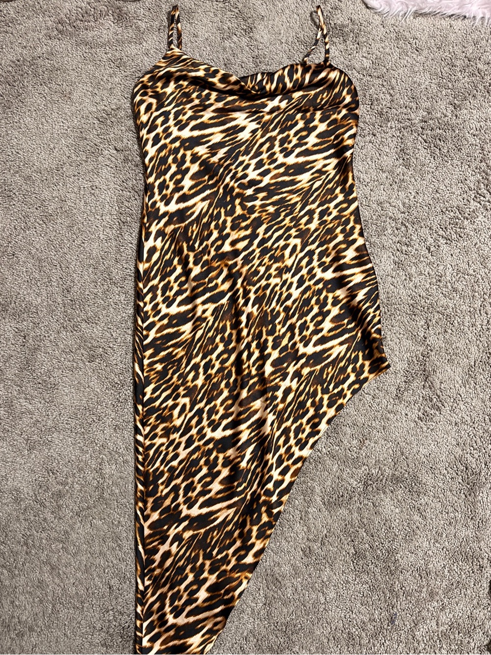 Forever 21 Leopard Print Satin Cowl Neck Asymmetrical Midi Dress Size L Black